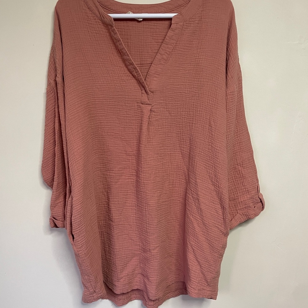 NEW IN Cotton Gauze Tunic Top Dusty‎ Rose Roll Tab Sleeve Womens L
